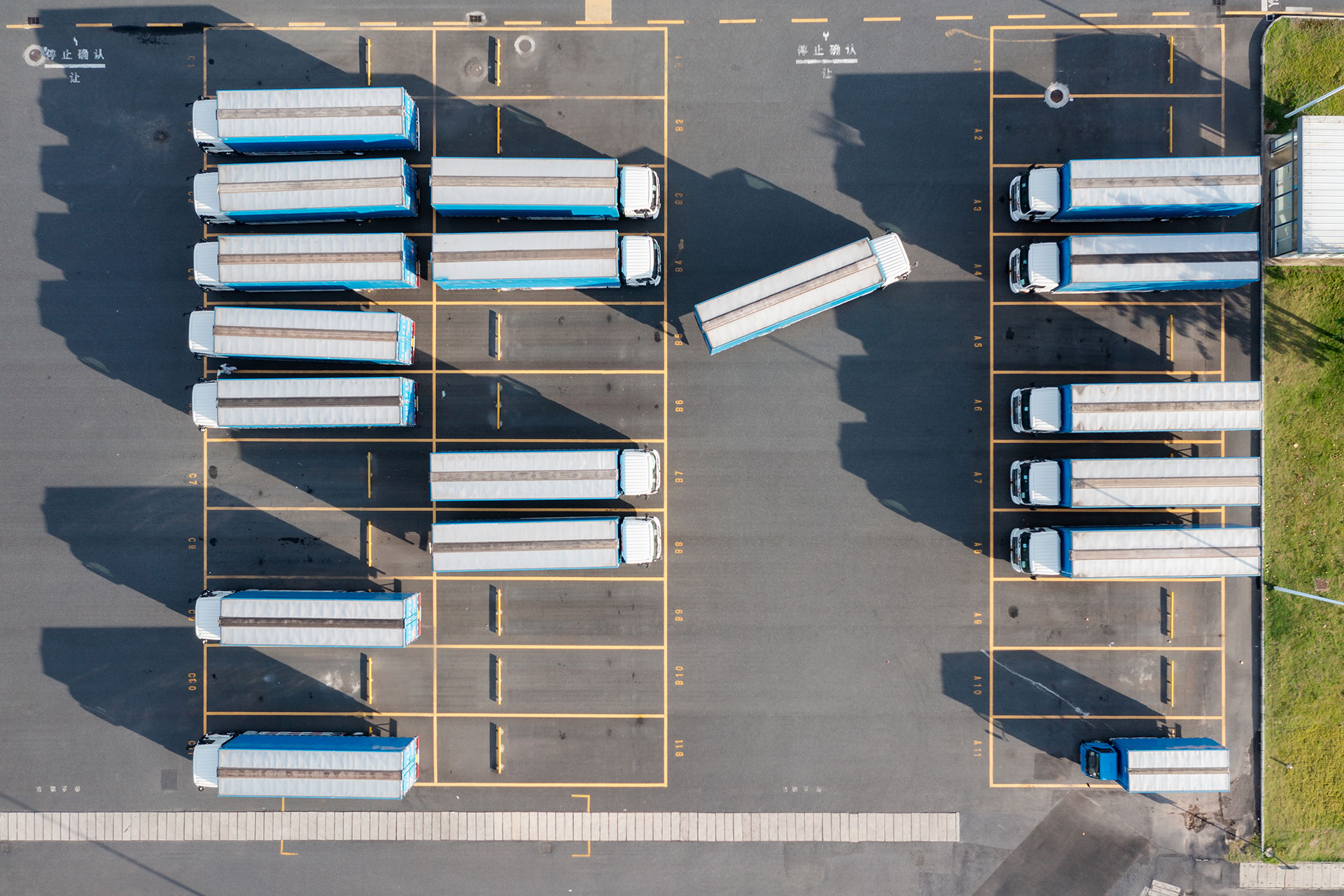 Aerial view of truck containers transporting global cargo